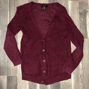 Forever 21 Cardigan Womens Medium Sweater V Neck Red Solid Burgundy Classic